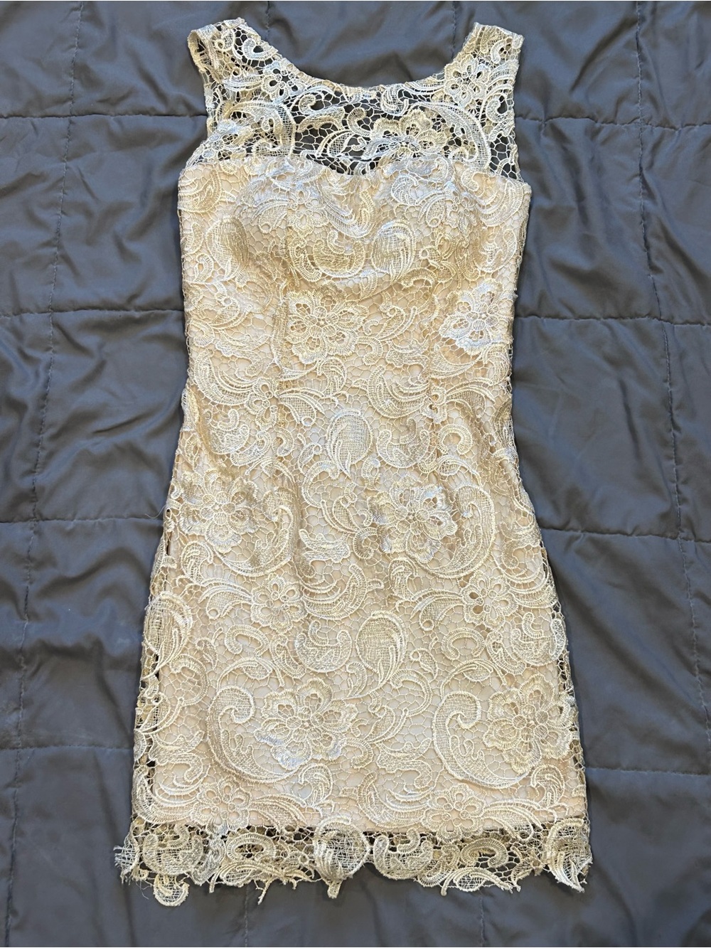 Dancing Queen sleeveless sheath dress lace overlay delicate floral pattern Sz Sm